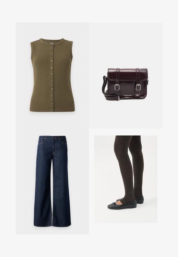 Olivově zelený bezramenný top s vroubkovanou texturou, kulatým výstřihem a předním zapínáním na sedm šedých knoflíků.; Džínsy s širokými nohavicemi v tmavě modré barvě. Mají kontrastní švy, pět kapes a zapínání na knoflík v pase. Hladká textura.; Černé ploché boty s malou mašlí na špičce, kombinované s tmavě hnědými žebrovanými punčochami. Boty mají hladký povrch a nízký profil.; Burgundská lakovaná křížová taška obdélníkového tvaru, se dvěma popruhy, stříbrnými kovovými doplňky a klopovým uzávěrem.