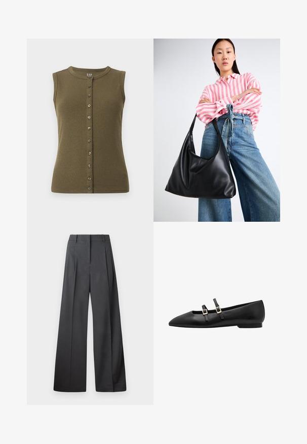 Olīvu zaļš bez piedurknēm tops ar ribotu tekstūru, apaļu kakla izgriezumu un priekšējo pogu aizdari ar septiņām pelēkām pogām.; Platās kājas bikses tumši pelēkā audumā, ar augstu jostasvietu, ar vienu uzpūstu vīli un gludu tekstūru ar tīru apdari ap malām.; Melnas ādas plakanas kurpes ar norādītu purngalu, kurām ir divas melnas siksnas un zeltainas kvadrāta sprādzes. Gluda tekstūra un zema zole.; Melnas ādas plecu soma ar vaļīgu formu un šuvju detaļām. Modelis valkā rozā un baltu svītrainu kreklu ar plaša kāju ziliem džinsiem.