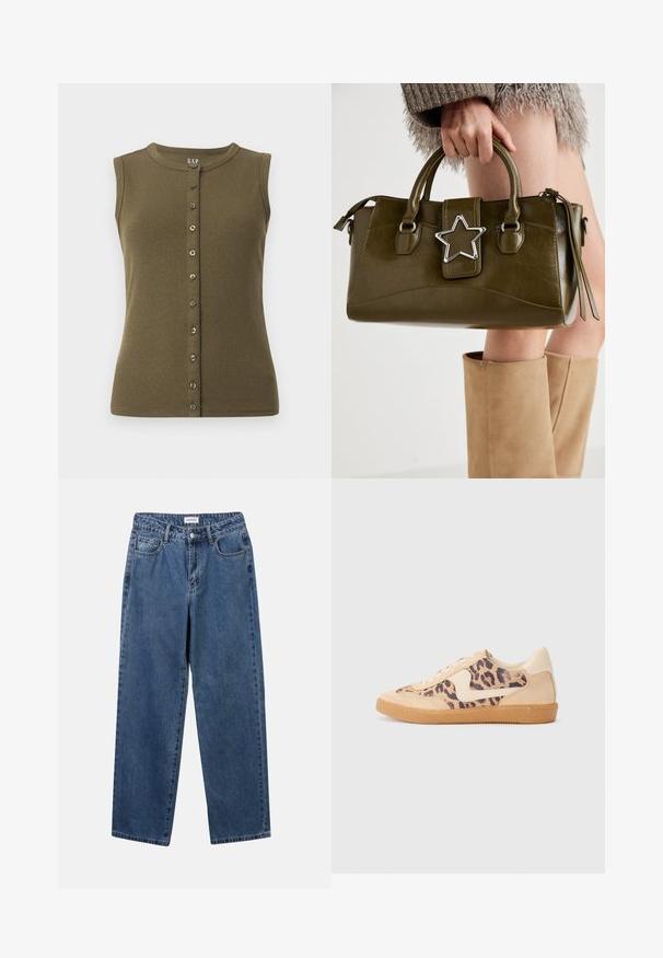 Top sin mangas verde oliva con textura acanalada, escote redondo y cierre frontal con siete botones grises.; Jeans de mezclilla azul clásico con un diseño de pierna recta, cinco bolsillos y cierre de botón. Presenta un lavado medio y una textura resistente.; Zapatillas de leopardo con parte superior de ante beige, suela de goma marrón y acentos blancos. Punta redonda y diseño con cordones con un acabado texturado.; Bolso de mano de cuero sintético verde oliva con acento de estrella plateada, doble asa y cierre de cremallera. Superficie texturizada y forma estructurada.