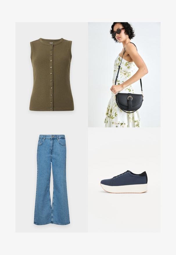Olivovo zelený top bez rukávov s rebrovanou textúrou, okrúhlym výstrihom a predným zapínaním na sedem sivých gombíkov.; Svetlomodré rozšírené džínsy vyrobené z denimu, s vysokým pásom, piatimi vreckami a jednopoložkovým zapínaním na gombík. Mäkká textúra s vyblednutým povrchom.; Námornícky modré tenisky s textúrovaným textilným zvrškom, bielou platformovou podrážkou, zaoblenou špičkou a čiernym akcentom na päte. Obsahujú šesť otvorov na šnúrky.; Čierna kožená kabelka s zaobleným tvarom, odnímateľným popruhom a zlatými doplnkami. Kabelka má klopu s detailom s prackou.