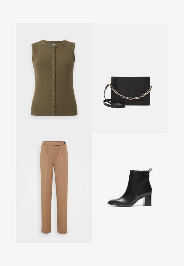 Top senza maniche verde oliva con una texture a coste, scollatura rotonda e chiusura frontale con sette bottoni grigi.; Pantaloni marroni su misura con gamba dritta, caratterizzati da una chiusura a bottone singolo e un design a pieghe nella parte frontale. Texture liscia, stile minimalista.; Stivale alla caviglia in pelle nera con punta arrotondata, tacco largo di media altezza e linguetta sul retro. Texture liscia, design minimale.; Borsa a tracolla nera in pelle con una texture liscia, forma rettangolare e dettaglio in catena metallica sul davanti. Inclusa una tracolla regolabile.
