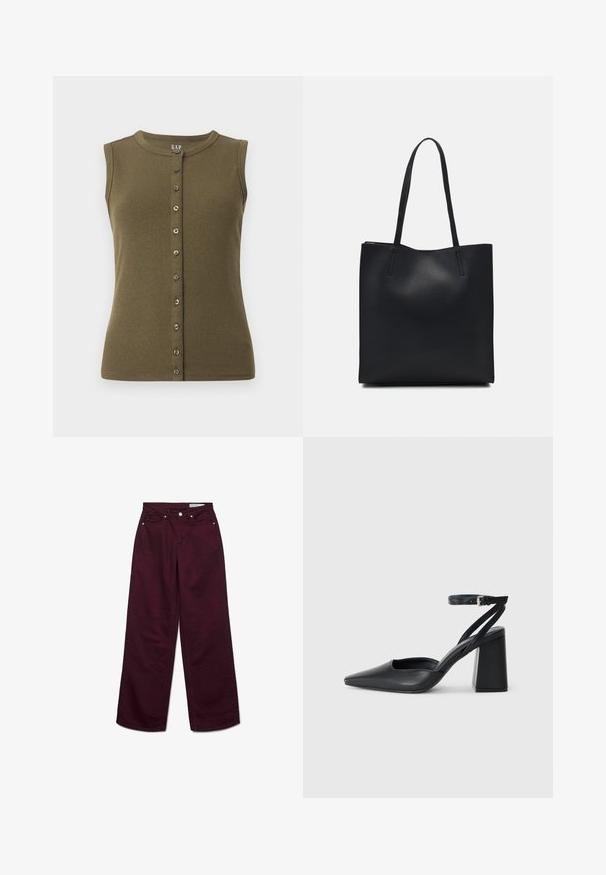 Olīvu zaļš bez piedurknēm tops ar ribotu tekstūru, apaļu kakla izgriezumu un priekšējo pogu aizdari ar septiņām pelēkām pogām.; Bordo platās kājas džinsi, izgatavoti no kokvilnas, ar augstu jostasvietu, piecām kabatām un metāla apdares elementiem. Gluda tekstūra ar vienkrāsainu dizainu.; Melna ādas augstpapēžu kurpe ar norakstīto purngala formu, potītes siksniņu un masīlu papēdi. Gluda tekstūra, elegants dizains un minimālisma estētika.; Melnas ādas somiņa ar gludu tekstūru, taisnstūra formu un divām garām rokturiem. Nav redzamu aparatūras vai rotājumu.