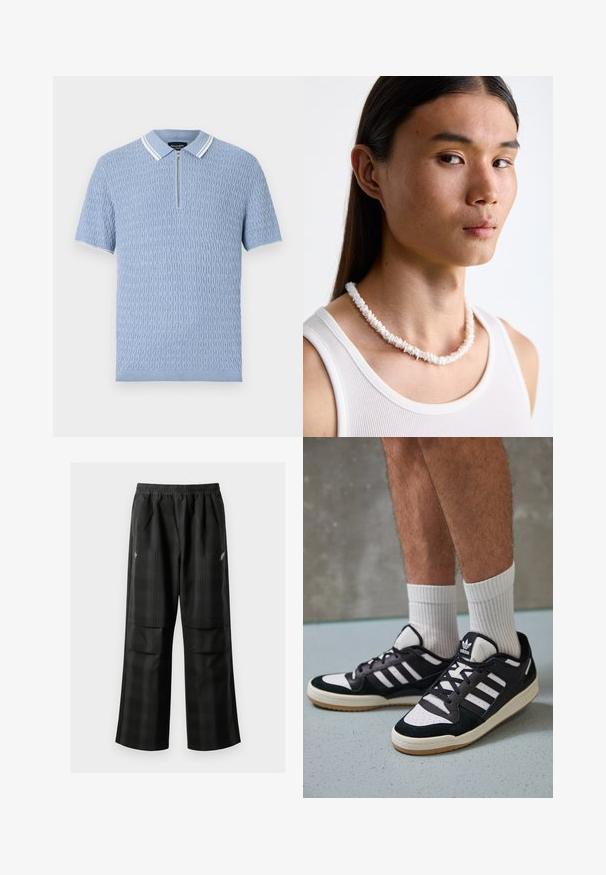Απαλή μπλε πόλο μπλούζα με υφή πλεκτό μοτίβο, κοντά μανίκια και κλείσιμο με φερμουάρ. Διαθέτει αντίθετο λευκό ριγέ γιακά.; Μαύρο καρό παντελόνι με ελαστική μέση, δύο μπροστινές τσέπες και χαλαρή εφαρμογή με ευθεία γραμμή. Φτιαγμένο από ελαφρύ υλικό.; Μαύρα και λευκά αθλητικά παπούτσια με άνω μέρος από σουέτ και δέρμα, featuring τρεις λευκές ρίγες, περατά δάχτυλα και σόλα από καουτσούκ τύπου γκαστ. ; Άσπρο κολιέ από κοχύλια, αποτελούμενο από ακανόνιστα σχήματα, φορεμένο πάνω από ένα εφαρμοστό άσπρο μπλουζάκι χωρίς μανίκια. Λείο υλικό με διακριτική γυαλάδα, κλειστή γραμμή.