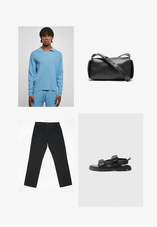 világoskék kötött, hosszú ujjú pulóver póló gallérral és bordázott mintázattal, hozzá illő bordázott nadrággal párosítva. Lapos szabás, oldalsó hasítékokkal.; Fekete farmernadrág egyenes szárdesignnal, öt zsebbel és klasszikus derékpánttal. Az anyag sima textúrájú és minimális részletezéssel rendelkezik.; Fekete szandálok texturált szövet felsőrésszel, széles pántokkal, fém csattal és vastag gumi talppal, amely barázdált mintázattal rendelkezik.; Fekete bőr keresztpántos táska hengeres formában, cipzáros záródással és állítható pánttal. Simább felület minimalista dizájn részletekkel.