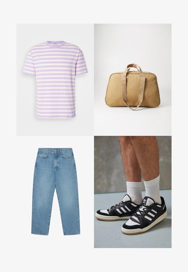 Svītrainā īsā piedurkņu T-kreklā ir gaiši violetas un baltas horizontālas svītras. Tam ir ribota tekstūra un apaļa kakla izgriezuma forma. Zīmola etiķete apakšmalā.; Gaiši zili denim auduma platgala bikses ar augstu jostasvietu, ar piecām kabatām, jostu cilpām un mīkstu, nedaudz nodilušu tekstūru.; Melnas un baltas kedas ar zamša un ādas augšdaļu, kas aprīkotas ar trim baltām svītrām, perforētu purngali un gumijas zolēm.; Kara ceļojuma soma ar divām auduma rokturēm, gluda tekstūra, ar rāvējslēdzēju, ovāla forma un niecīga izspieduma logo vienā pusē.