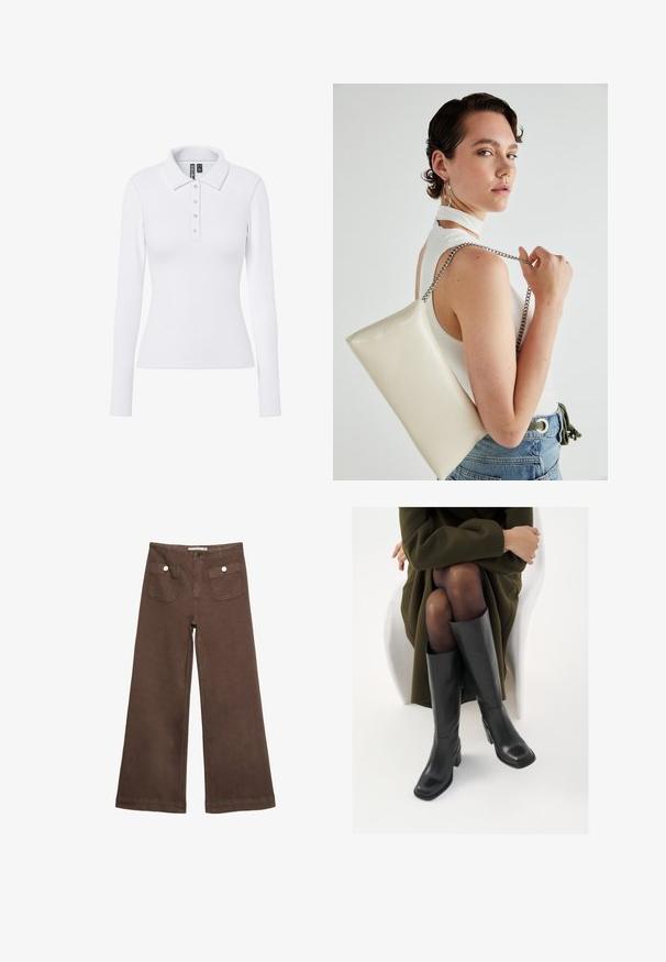 Bijela polo majica dugih rukava s rebrastom teksturom, šiljastim ovratnikom i tri srebrna gumba na kopči.; Smeđe široke hlače od pamuka, s dva prednja džepa sa srebrnim dugmadima i glatkom teksturom.; Čizme od crne kože do koljena sa četvrtastim vrhom i blok petom, prikazane s manekenkom koja sjedi u maslinasto zelenom kaputu. Glatka tekstura, minimalni detalji.; Bijela pravokutna torbica s kopčanjem, izrađena od sjajnog materijala, s srebrnim lančićem. Model pozira, prikazujući torbicu na jednostavnoj pozadini.