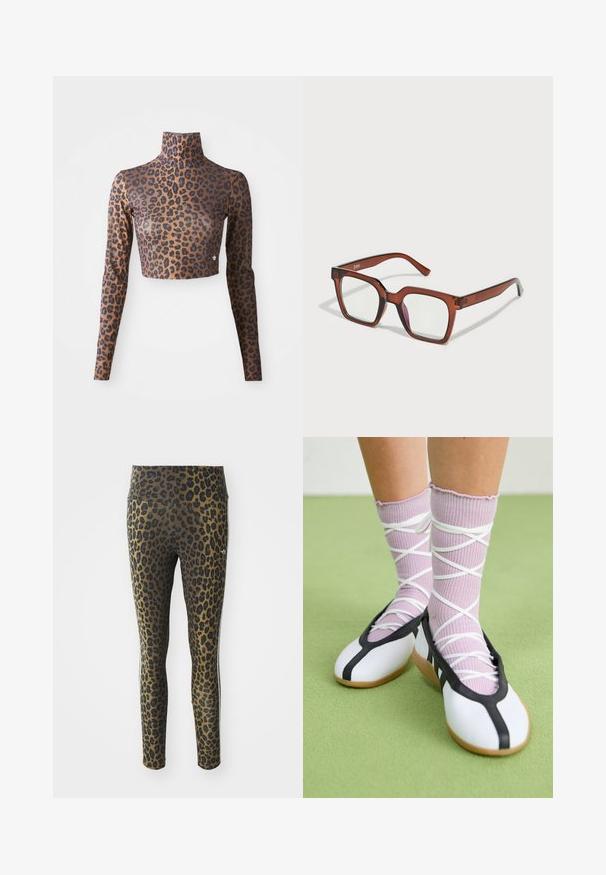 Barna és fekete leopárdmintás, hosszú ujjú cropped felső, magas nyakkivágással és sima, fényes textúrával. Diszkrét logó részlet az alján.; Leopárdmintás leggings magas derékkal, rugalmas anyaggal és fekete kiegészítőkkel, világosbarna alapon, a kényelem és a megfelelő illeszkedés érdekében tervezve.; Fehér lapos cipők fekete díszítéssel és talppal, világos lila bordázott zoknikkal, fehér keresztszalagokkal. Zöld háttér előtt.; Barna, túlméretes, téglalap alakú szemüveg, átlátszó lencsékkel, a jobb lencsén enyhe rózsaszín árnyalattal. Műanyag keret sima felülettel.
