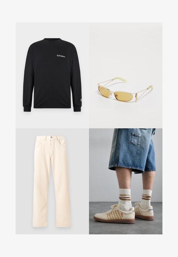 Črna dolga majica z dolgimi rokavi, izdelana iz bombaža. Na prsih ima napis "No Problemo" in logo na rokavu. Ima okrogel izrez in oprijete manšete.; Svijetlosmeđe traperice s ravnim nogavicama, pet džepova i prednjim zatvaranjem na gumb. Šavovi su vidljivi duž šavova.; Bežne retro teniske z rjavim gumijastim podplatom, ki imajo črtaste detajle in izvezene logotipe. Oblečene so z belimi nogavicami in črtastim rjavim detajlom.; Sončna očala z rumenim tonom, s prozornim zlatim okvirjem, ozko pravokotno obliko in ostrimi ročaji z svetlo zelenimi poudarki.