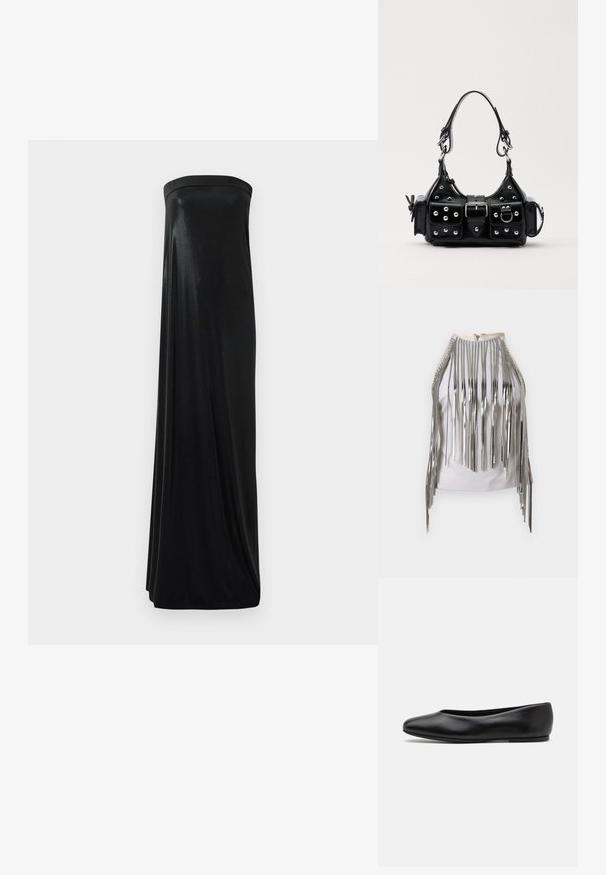 Top bianco senza maniche con lunghe frange metalliche argento sui lati e sul collo, creando un sorprendente contrasto di texture e aspetto.; Abito maxi nero senza maniche realizzato in tessuto liscio e lucido. Presenta un corpetto aderente e una silhouette fluida, che arriva fino al pavimento senza decorazioni.; Paul Smith TOPANGA - Ballerine - black; Borsa a mano in pelle nera con design curvo, caratterizzata da borchie argentate, una fibbia e due tasche laterali. Tracolla regolabile per diverse opzioni di trasporto.