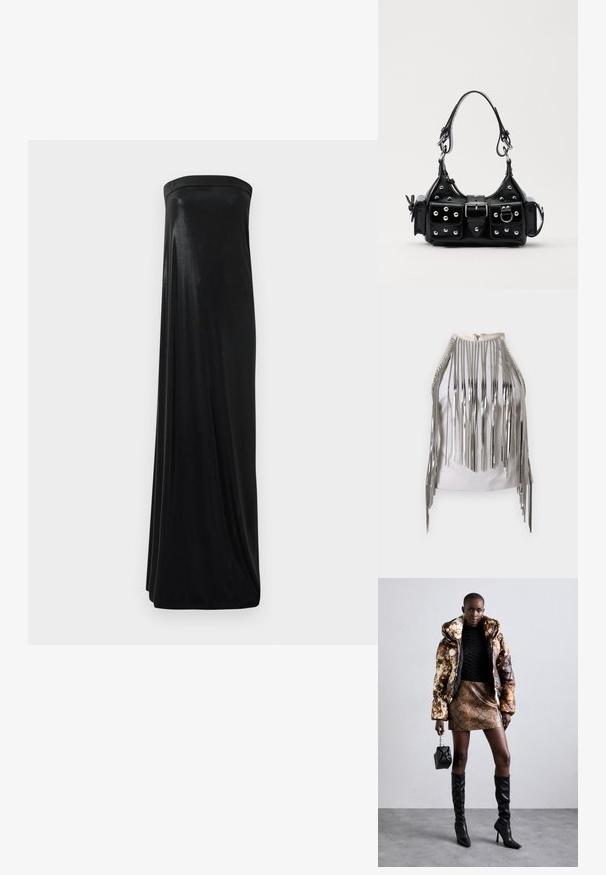 White sleeveless top featuring long silver metallic fringes along the sides and neckline, creating a striking contrasting texture and appearance.; Black strapless maxi dress made of smooth, shiny fabric. Features a fitted bodice and flowing silhouette, reaching the floor without embellishments.; Puffer jacket with a brown and black pattern, paired with a brown snake print mini skirt, black knee-high boots, and a small black bag.; Black leather handbag with a curved design, featuring silver studs, a buckle, and two side pockets. Adjustable strap for carrying options.