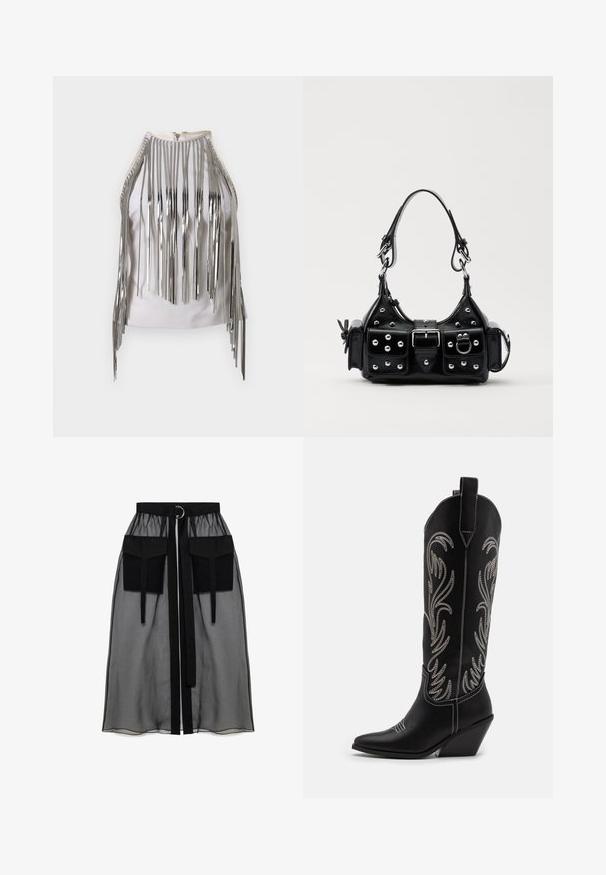Fehér ujjatlan felső, amely hosszú ezüstmetál fröccsöntött szegéllyel rendelkezik az oldalakon és a dekoltázson, így figyelemfelkeltő kontrasztos textúrát és megjelenést teremt.; Fekete áttetsző szoknya ráncolt derékrésszel, két nagy elülső zsebbel, derékpánttal és kör alakú fém díszítéssel.; Fekete bőr cowboy csizmák hegyes orral, wedge sarkakkal és ezüst hímzett virágmintákkal a szár mentén. Kontraszt varrás az egész csizmán.; Fekete bőr kézitáska ívelt designnal, ezüst szegecsekkel, csattal és két oldalsó zsebbel. Állítható vállpánt a hordozási lehetőségekhez.