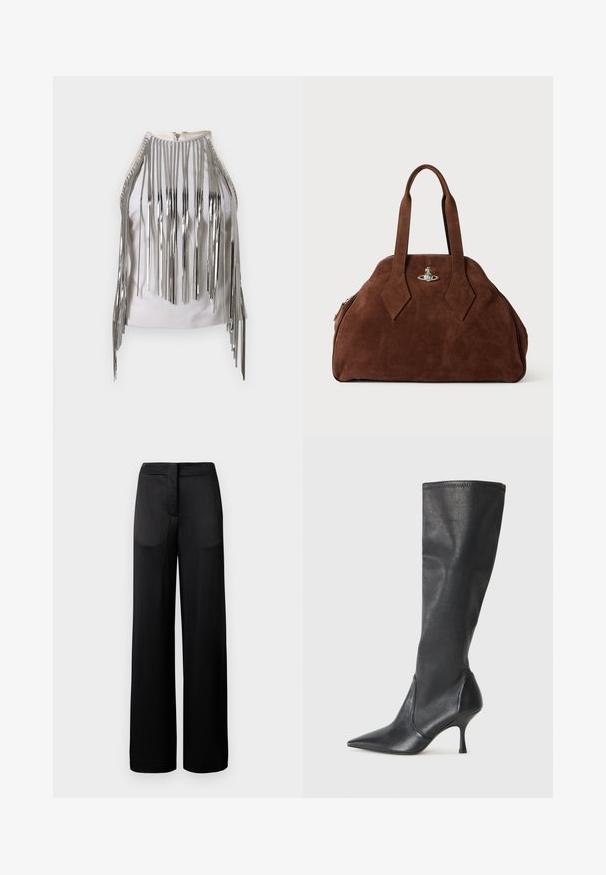 Biely bezrukávový top so štíhlymi striebornými metalickými strapcami po stranách a na výstrihu, ktoré vytvárajú ohromujúcu kontrastnú textúru a vzhľad.; Široké čierne nohavice s textúrovaným povrchom, obsahujúce plochý pás a dve bočné vrecká. Tkanina vyzerá ľahko a priedušne.; Čierne kožené čižmy do výšky kolien s špicatou špičkou a úzkym stiletto podpätkom. Hladká textúra s priliehavým dizajnom a prešitím na vrchnom okraji.; Hnedá semišová kabelka so štruktúrovaným tvarom, zaobleným telom a predĺženými rukoväťami v tvare diamantov. Obsahuje uzatváranie so striebornou hardvérovou sponou.