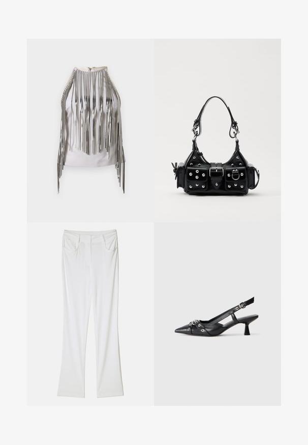 Vit ärmlös topp med långa silverfärgade metalliska fransar längs sidorna och halslinjen, vilket skapar en slående kontrasterande textur och utseende.; Vita utsvängda byxor med en slät tygtextur, med två framfickor och ett stitchat midjeband för en figursydd look.; Svart lädersko med slingback-design, spetsig tå, dekorativa remmar med metallöglor och en låg klack. Texturerad yta.; Svart läderhandväska med en kurvad design, prydd med silverfärgade nitar, ett spänne och två sidofickor. Justerbar rem för olika bäralternativ.