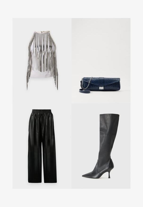 Valkoinen hihaton paita, jossa on pitkiä hopeametallisia reunuksia sivuilla ja kaula-aukossa, luoden hämmästyttävän kontrastin rakenteen ja ulkonäön.; Mustat nahkaiset väljät housut, joissa on joustava vyötärö, kahdella sivutaskulla ja sileällä, kiiltävällä pinnalla.; Polvisuuriset mustat nahkasaappaat, joissa on terävä kärki ja hoikka stiletto-korko. Silkkinen pinta, tiukka muotoilu ja ompeleet yläreunassa.; Navy sininen nahkakukkarokotelo, jossa on krokotiilinumero, hopeaketjuolkapanta ja metallilukko. Suorakulmainen muoto taitettavalla designilla.