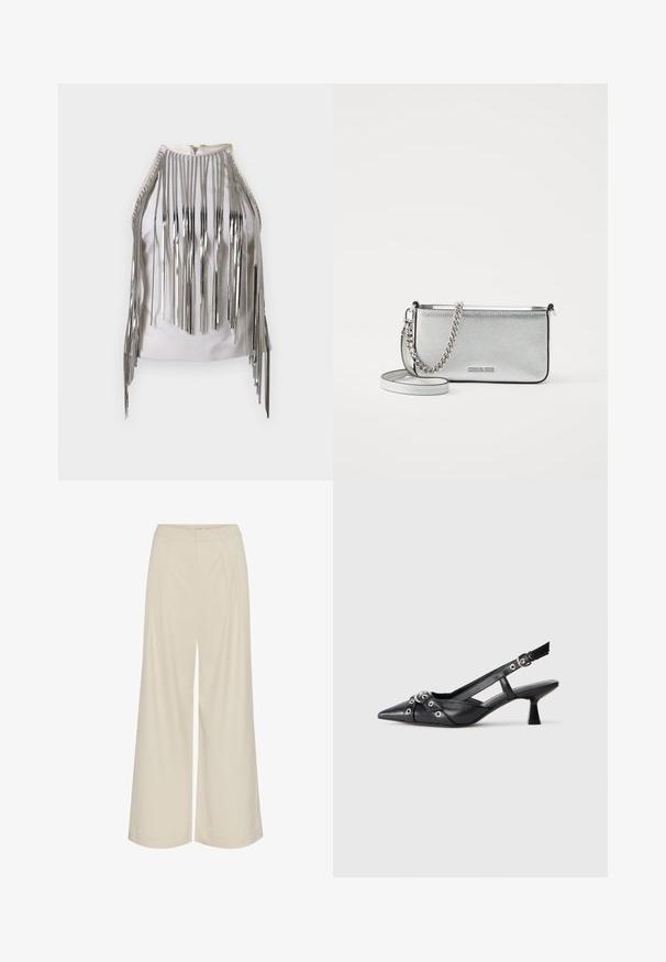 White sleeveless top featuring long silver metallic fringes along the sides and neckline, creating a striking contrasting texture and appearance.; Wide-leg trousers in a light beige fabric, featuring pleats, a high waist, and a smooth texture with no visible embellishments.; Black leather slingback shoe with a pointed toe, decorative straps featuring metal eyelets, and a low block heel. Textured surface.; Silver leather crossbody bag with a textured finish, chain and strap accents, and a zipper closure. Features a logo on the front.