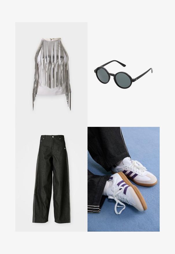 Witte mouwloze top met lange zilverkleurige metallic franjes langs de zijkanten en de halslijn, die een opvallende contrasterende textuur en uitstraling creëren.; Zwarte denim wijde broek met witte zijkanten, voorzien van voorzakken, een knoopsluiting en een subtiele logo nabij de tailleband.; Witte sportieve schoenen met paarse strepen en leren bruine rubberen zolen, met ronde veters en een gepolsterde kraag. Draagt men bij donkere spijkerbroeken.; Ronde zonnebril met een zwart plastic montuur en donkergrijze lenzen. Heeft dunne, rechte pootjes met minimalistische accenten.