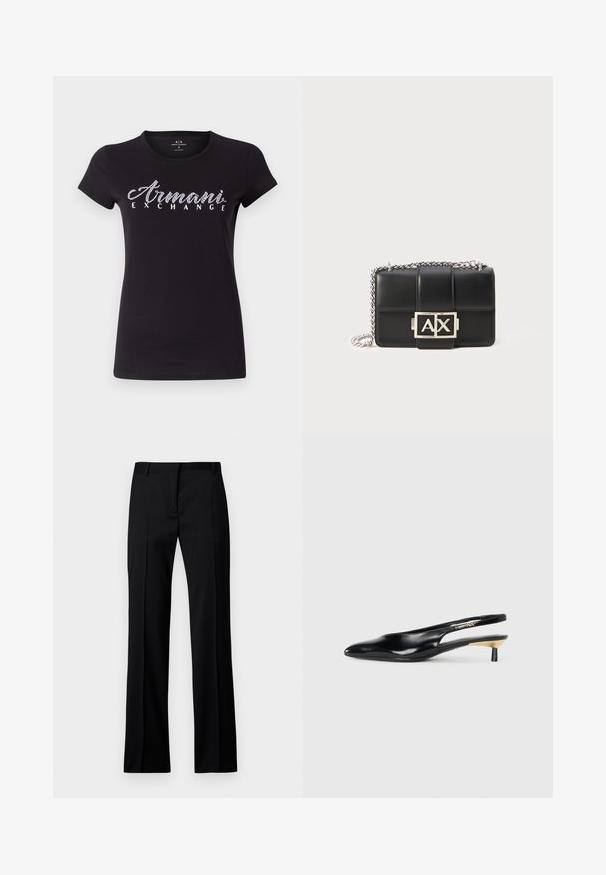 Svart kortärmad T-shirt i bomull med en vit rhinestone-logotyp "Armani Exchange" över bröstet. Slät textur, klassisk passform.; Svarta raka byxor i slätt tyg, med platt front, bälteshällor och utan synliga fickor eller dekorationer.; Svart slingback-pump med spetsig tå, glansigt läderfinish och en liten klack med guldaccent. Snygg design med öppen bak.; Svart läderhandväska med quiltat mönster, silverkedjesnor och en framträdande silver "AX"-logotyp på framsidan. Kompakt rektangulär form.