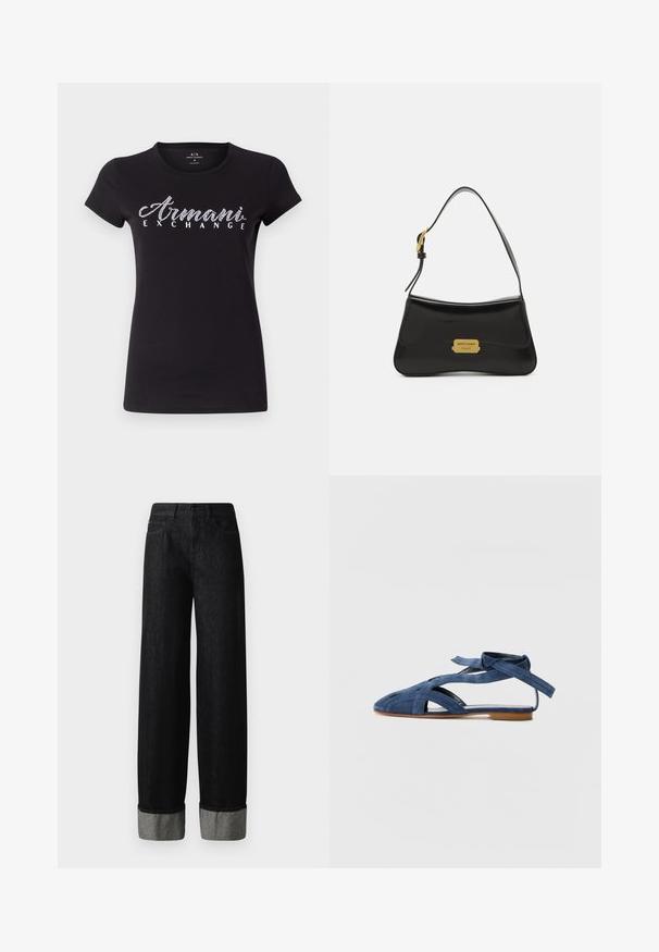 T-shirt preto de manga curta feito de algodão, com um logótipo em strass branco "Armani Exchange" no peito. Textura suave, corte clássico.; Calças largas pretas de denim com um tom escuro, apresentando bainhas cinzas com punho e um design de cinco bolsos. Cintura larga com fecho de botão.; Emporio Armani Sandálias - blue; Mala de couro preta com um design curvado, placa em ouro com o logotipo como detalhe e uma alça de ombro fina. Textura suave com um acabamento elegante.