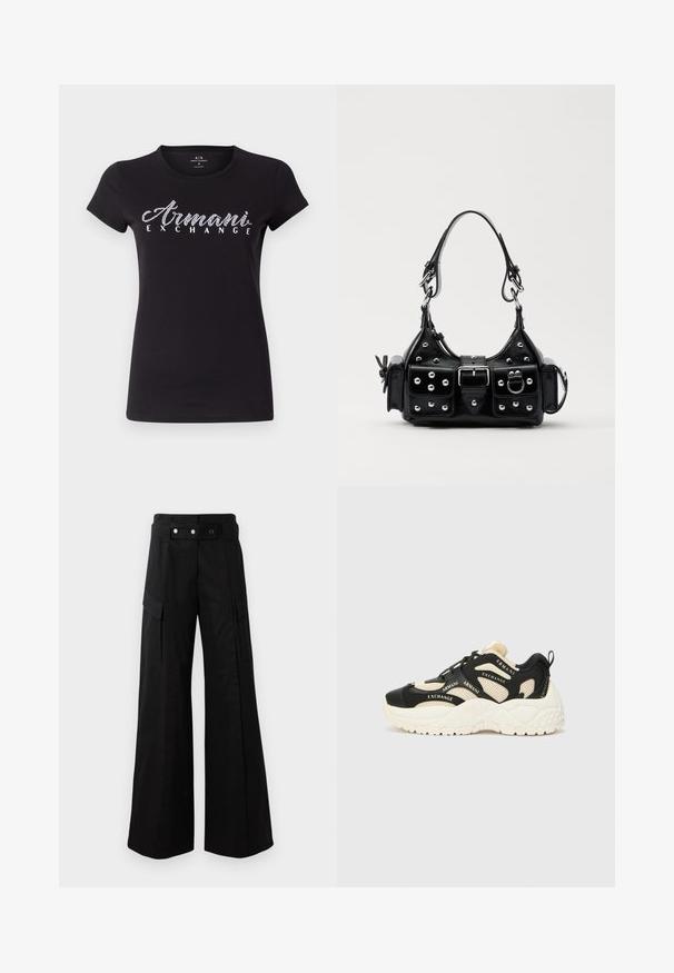 Sort kortærmet T-shirt lavet af bomuld, med et hvidt rhinestones-logo "Armani Exchange" på tværs af brystet. Glat tekstur, klassisk pasform.; Sorte brede bukser med høj talje, som har store sidelommer, to forreste knapper og en løkke-detalje. Lavet af holdbart materiale.; Sorte og creme sneakers med en tekstureret sål, mesh-paneler og brandtekst-accenter. Rund tå og snørebåndsdesign. Justerbar hæltab.; Sort læderhåndtaske med et buet design, prydet med sølvfarvede nitter, en spænde og to sidelommer. Justerbar rem til forskellige bære muligheder.