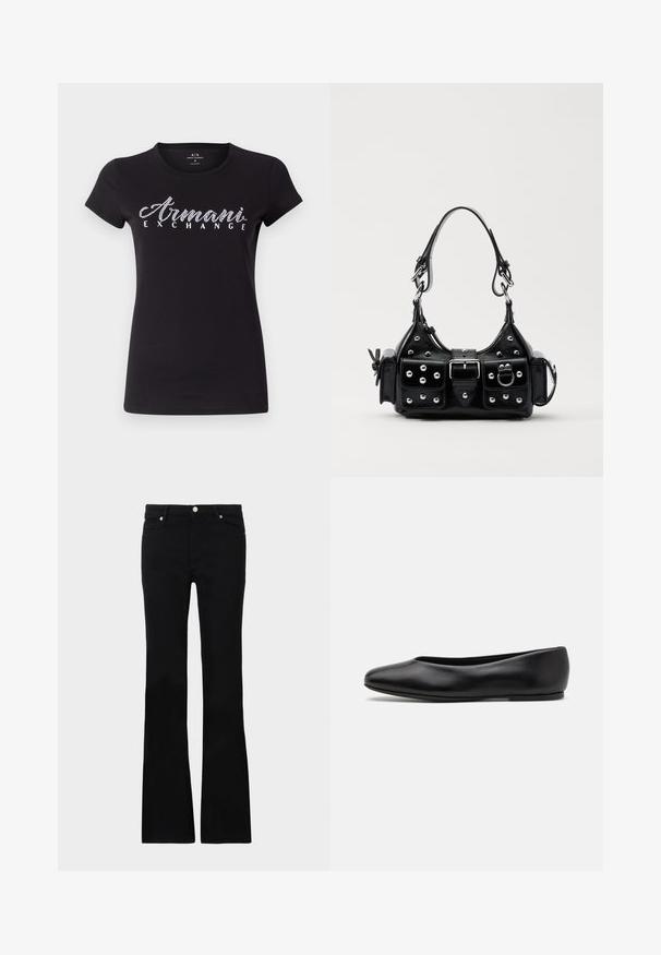 Črna kratkoročna majica iz bombaža z belim logotipom "Armani Exchange" iz rhinestone kamnov čez prsa. Gladka tekstura, klasičen kroj.; Črne zvonaste kavbojke iz denima, ki imajo dve sprednji žepi, gumbasto zapiranje in gladko teksturo. Oznaka zašite vidna na šivih.; Paul Smith TOPANGA - Balerinke - black; Črna usnjena torbica s ukrivljenim dizajnom, ki vsebuje srebrne žebljičke, zaponko in dve stranski žepki. Nastavljiv trak za različne možnosti nošenja.