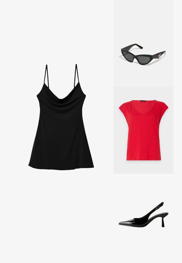 Rotes Kurzarm-V-Neck-T-Shirt aus weichem Stoff. Bietet einen lockeren Schnitt mit glatter Textur und sauberer Naht an dem Saum.; Schwarzes ärmelloses Top mit einem Cowled-Ausschnitt, hergestellt aus glattem Stoff. Verfügt über dünne, verstellbare Träger und eine ausgestellte, fließende Silhouette.; Schwarze Lackleder Slingback-Pumps mit spitzem Zeh, ausgeschnittenen Seiten, verstellbarem Knöchelriemen und einem dünnen, eleganten Absatz.; Cat-Eye-Sonnenbrille mit mattem schwarzen Kunststoffrahmen, dunklen Gläsern und einem goldenen Logoplatz auf dem Bügel. Winkeliges Design und glatte Oberfläche.; Michael Kors Clutch in beige beschichtetem Canvas mit einem wiederholten MK-Logo-Muster, goldfarbener hardware und einem abnehmbaren Kettenriemen.