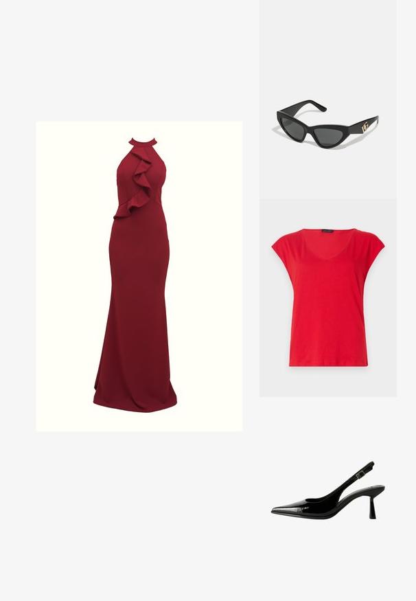 Czerwona koszulka z krótkim rękawem i dekoltem w serek, wykonana z miękkiego materiału. Posiada luźny krój, gładką teksturę i staranne szwy wzdłuż dołu.; Burgundowa sukienka na szyję z falbanami po bokach; dopasowany krój; wykonana z gładkiego, elastycznego materiału; długość do podłogi.; Czarne lakierowane pantofle na obcasie typu slingback z ostrym noskiem, wyciętymi bokami, regulowanym paskiem na kostce i cienkim, smukłym obcasem.; Okulary przeciwsłoneczne w kształcie kocich oczu z matową czarną oprawką z plastiku, ciemnymi soczewkami oraz złotym akcentem z logo na zausznicy. Kanciasty kształt i gładka tekstura.; Portfel na nadgarstek marki Michael Kors w beżowej, pokrytej płótnem, z powtarzającym się wzorem logo MK, złotym okuciem i odpinanym łańcuszkowym paskiem.