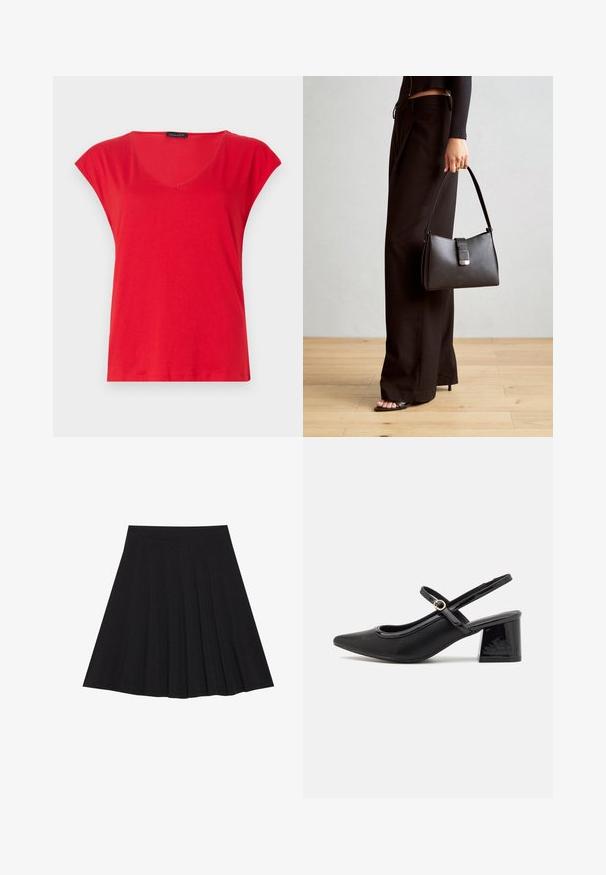 Rood T-shirt met korte mouwen en V-hals, gemaakt van zachte stof. Beschikt over een losse pasvorm met een gladde textuur en schone stiksels langs de zoom.; Zwarte plisseerok van een gestructureerde stof met een aansluitende tailleband. Valt tot op de knie en heeft een gladde, strakke silhouette.; Zwarte gepolijste leren slingback hakken met een spitse neus, een ronde uitsnede en een blokhak. Voorzien van een gouden gespaccent.; Zwarte handtas met gestructureerde vorm, gladde textuur en een metalen sluiting. Gecombineerd met brede zwarte broeken en sandalen met open teen op een houten vloer.