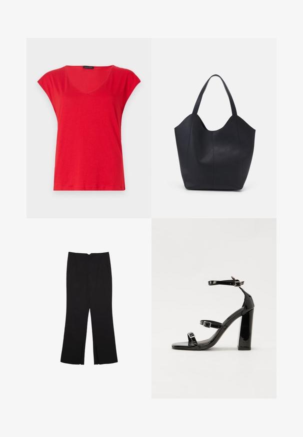 Rotes Kurzarm-V-Neck-T-Shirt aus weichem Stoff. Bietet einen lockeren Schnitt mit glatter Textur und sauberer Naht an dem Saum.; Schwarze Hose mit geradem Schnitt, ausgestattet mit Fronttaschen und Seitenschlitzen am Saum. Hergestellt aus weichem, glattem Stoff. Geeignet für verschiedene Anlässe.; Schwarze patentierte Sandalen mit Absatz, quadratischer Spitze, Knöchelriemen und silbernen Schnallen. Mit einem stabilen Blockabsatz für mehr Stabilität.; Schwarze Tote-Bag aus glattem Leder, mit einem abgerundeten, offenen Oberteil, zwei Schulterträgern und einem minimalistischen Design.