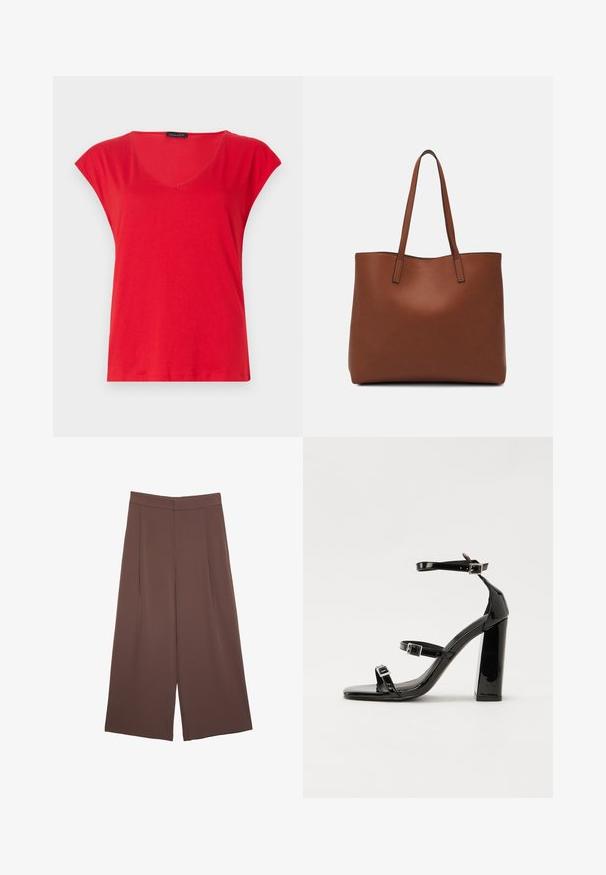 Rotes Kurzarm-V-Neck-T-Shirt aus weichem Stoff. Bietet einen lockeren Schnitt mit glatter Textur und sauberer Naht an dem Saum.; Braune Weite-Leg-Hosen mit einer glatten Textur, hoher Taille und Vorderfalten. Der Stoff ist leicht und fällt locker.; Schwarze patentierte Sandalen mit Absatz, quadratischer Spitze, Knöchelriemen und silbernen Schnallen. Mit einem stabilen Blockabsatz für mehr Stabilität.; Braune Leder-Tote mit glatter Textur, offenem Oberteil und zwei Schulterriemen. Verfügt über minimale Nähte und keine sichtbaren Beschläge.