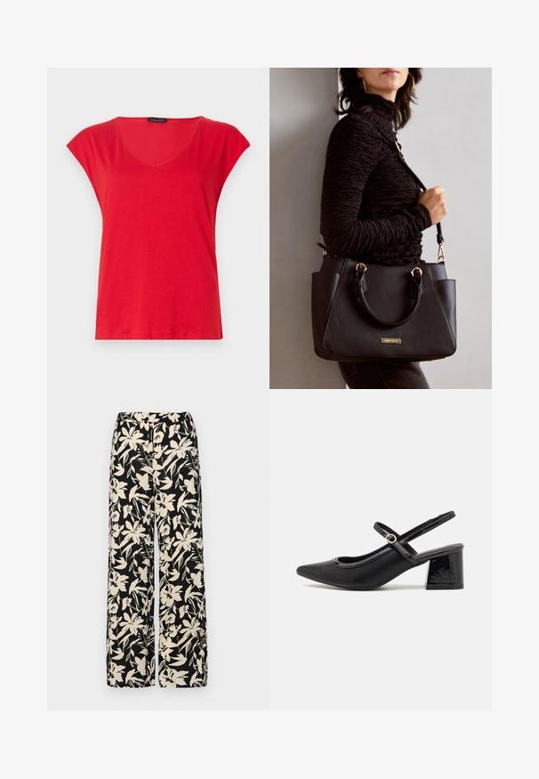 Crvena kratka majica s V-izrezom od mekog materijala. Ima opušteni kroj s glatkom teksturom i urednim šavovima duž rubova.; Crne široke hlače s kremastim cvjetnim uzorkom. Izrađene od lagane tkanine, sa glatkom teksturom i visokim pojasom.; Crne lakirane slingback visoke potpetice s šiljastim vrhom, zaobljenim izrezom i blok potpeticom. Sadrži akcent zlatnog tona s kopčom.; Crna torba s teksturiranom površinom, dvostrukim gornjim ručkama i podesivom remenom za rame. Ima zlatne metalne detalje i bočne džepove.