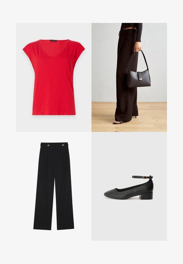 Rød kortærmet V-hals T-shirt lavet af blødt stof. Har en afslappet pasform med en glat tekstur og pæne syninger langs kanten.; Sorte vide bukser med høj talje, knapdetaljer på taljebåndet og frontfald.; Sorte læderpumper med spids tå og en lav blokhæl. Har en ankelrem med en guldfarvet spænde. Glat tekstur.; Sort håndtaske med struktureret form, glat overflade og metalspænde. Sammen med brede sorte bukser og sandaler med åben tå på trægulv.