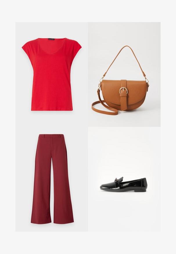 Tricou roșu cu mânecă scurtă și decolteu în V, fabricat dintr-un material moale. Prezintă o croială lejeră, cu o textură netedă și cusături curate pe margine.; Pantaloni largi de culoare burgundă închisă. Construiți dintr-un material neted și elastic, cu cusături pe măsură și închidere cu fermoar în față.; Loafers din piele patent neagră cu talpă plată, vârf rotund și o bandă decorativă cu un accent în ton de aur. Finisaj neted, lucios.; Geantă din piele maro, tip crossbody, cu o formă curbată, accesorii aurii și un accent cu cataramă. Dispune de un curea de umăr detașabilă.