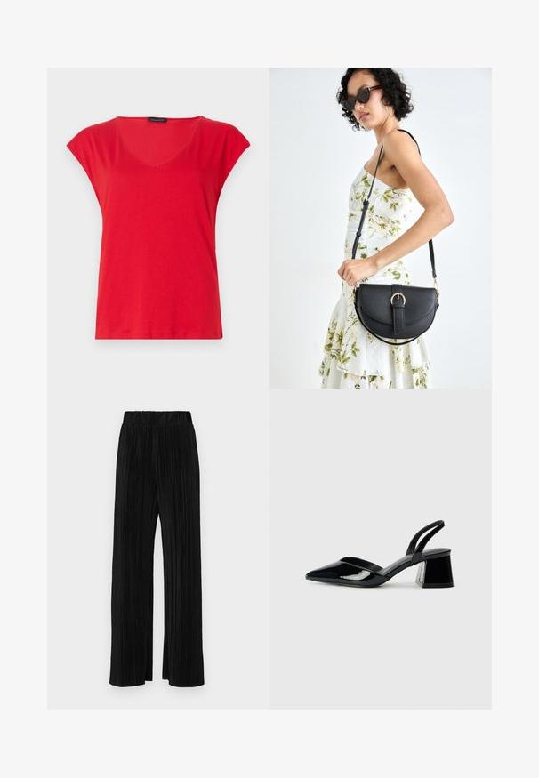 Rood T-shirt met korte mouwen en V-hals, gemaakt van zachte stof. Beschikt over een losse pasvorm met een gladde textuur en schone stiksels langs de zoom.; Zwarte geplooide broek met een elastische tailleband. Beschikt over wijde pijpen en een glad, gestructureerd stof met verticale strepen.; Zwarte gepatineerde leren slingback hakken met een spitse neus en een geometrische blokhak. Kenmerkt zich door een slank, minimalistisch ontwerp en een gladde textuur.; Zwarte leren handtas met een gebogen vorm, afneembare schouderband en gouden hardware. De tas heeft een klep met een gespsluiting.