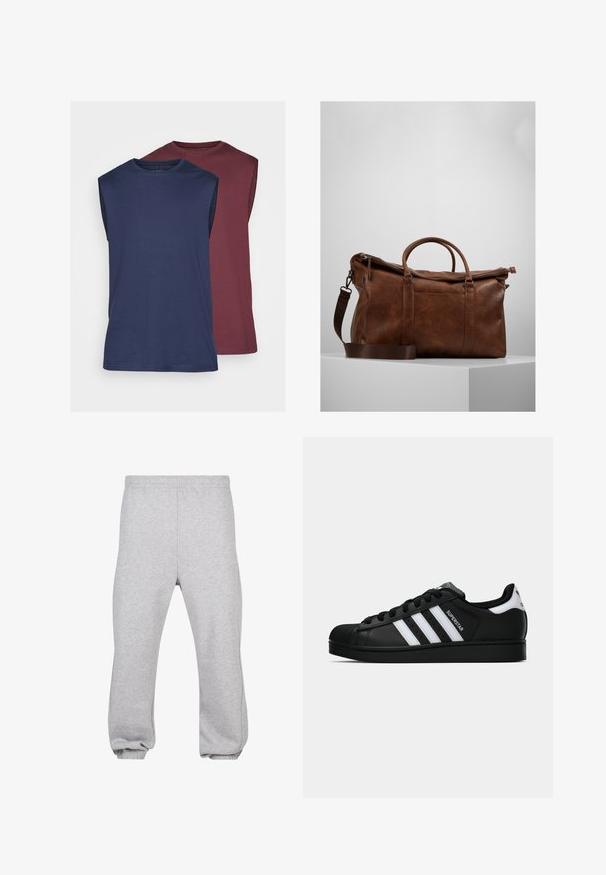 Sinise varrukatega T-särgid tumesinises ja maroonis, valmistatud pehmest kangast. Omab ümarat kaelust ja sirget allserva, millel on sile tekstuur.; Hallide hallid puuvillasegusest kangast dressipüksid, millel on elastne vöökoht, kitsenevad jalad ja mansetid. Lihtne disain, ilma mustriteta.; Mustad musta värvi Adidas Superstar toss, millel on valged triibud, koonuseline varvas ja küljes "Superstar" tekst, esitatud külgvaates valgel taustal.; Pruunist nahast nädalavahetuse kott, millel on lukuga sulgur, topeltkäepidemed, reguleeritav õlavarre rihm ja nähtavad tekstuurimustrid pinnal.