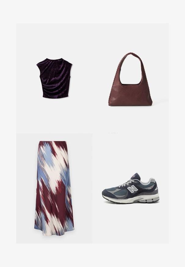Lilla sametist lühike topp ümmarguse kaeluse, lühikeste varrukate ja kokku volditud tekstuuriga seljaosas, näidates sujuvat ja rikkalikku materjali.; Pikad seelik, millel on diagonaalne tie-dye muster burgundia, sinise ja kreemja värviga, valmistatud pehmest kangast, omades voolavat siluetti ja kerget sära.; New Balancei tennisetud sinise nailonvõrgu ja seemisnahaga, hallide aktsentidega, valgete logodega, pehmendatud tallaga ja tekstuursete detailidega.; Burgundia nahkkott, millel on kolmnurkne kuju, avatud ülemine osa ja palmikdetail käepideme ääres. Sile tekstuur ja matt viimistlus.