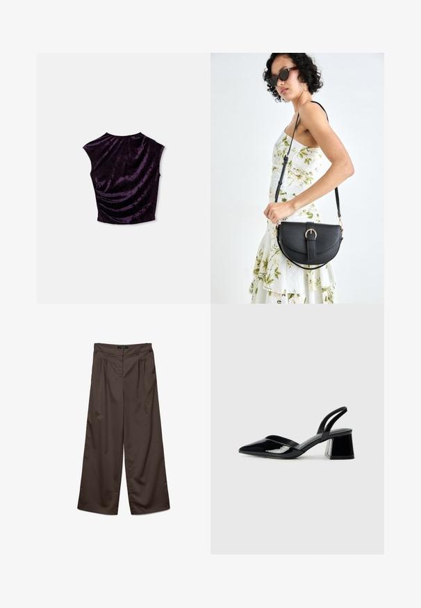 Top scurt din catifea mov, cu decolteu rotund, mâneci tip capac și textură pliată în partea din spate, evidențiind un material neted și bogat.; Pantaloni cu croi larg dintr-un material maro închis cu o textură netedă. Caracteristicile includ plii în față și un talie standard.; Pantofi cu toc slingback din piele lacuită neagră, cu vârf ascuțit și toc geometric. Prezintă un design elegant, minimalist și o textură netedă.; Geantă din piele neagră, cu o formă curbată, curea detașabilă și accesorii aurii. Geanta are un capac cu un detaliu tip cataramă.