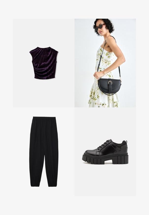 Top cropped de veludo roxo com decote redondo, mangas curtas e textura franzida na parte de trás, exibindo um material liso e rico.; Calças pretas, leves, com um cinto elástico e punhos franzidos. O tecido é suave e apresenta um design relaxado e afunilado.; Sapatos de plataforma em couro preto com um salto bloco robusto, bico redondo e design clássico de atacadores. Apresentam uma textura suave e detalhes mínimos.; Bolsa de couro preta com forma curva, alça destacável e detalhes em dourado. A bolsa possui uma aba com detalhe de fivela.