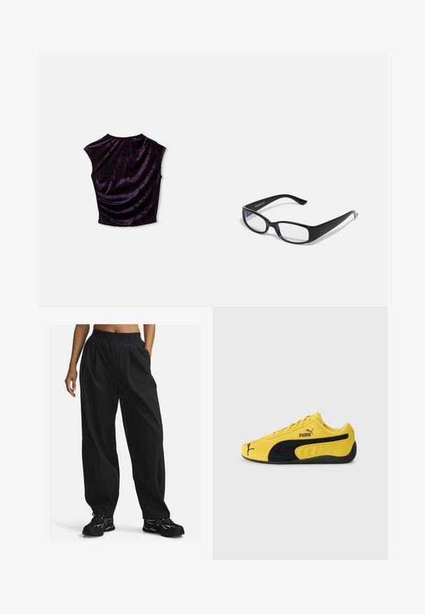 Vijolična žametna kratka majica z okroglim izrezom, kratkimi rokavi in nabrano teksturo na hrbtni strani, ki prikazuje gladek in bogat material.; Črne hlače širokega kroja iz lahkotnega materiala z elastičnim pasom, ki imajo stranske žepe in gladko teksturo.; Rumene semišne teniske s črnimi semišnimi poudarki. Imajo teksturiran podplat, vezalni dizajn ter Puma logotip na strani in jezik.; Črne pravokotne očala z prozornimi lečami. Sijajna površina, ožje ročke in vijolična barva, vidna na robovih leč.