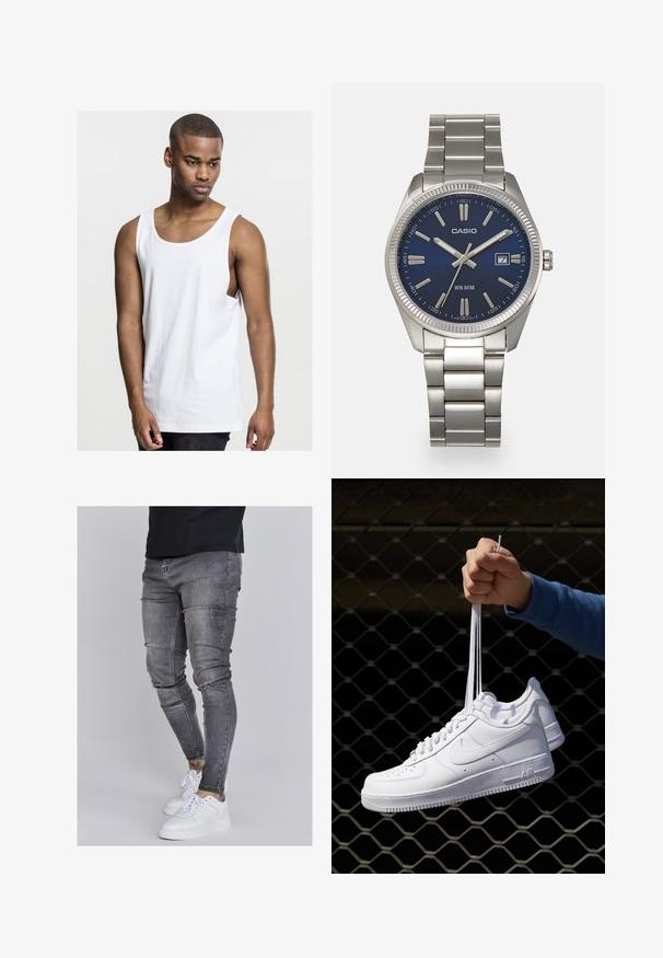 Fehér ujjatlan pamut trikó kerek nyakkal, laza fazonnal és oldalsó varrásokkal. Simaság jellemzi, standard hosszúságú, alkalmas hétköznapi viseletre.; Fakó szürke farmerből készült skinny farmernadrág, térdén kopott részletekkel, fehér sportcipővel párosítva. Simább anyag, karcsú szabás.; Fehér bőr sportcipők perforációval, kerek orral, lapos talppal és vastag fűzőkkel, látható swoosh logóval és "AIR" felirattal a sarokrészen.; Ezüst színű rozsdamentes acél karóránk sötétkék számlapja van, fém óraszámlálókkal és egy dátumablakkal a 3 órás pozícióban. 50 méterig vízálló.