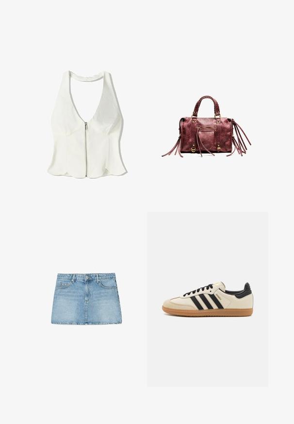 Bela halter majica z globokim V-izrezom, zadrgo na sprednji strani in valovitim robom. Narejena iz gladkega tekstila z minimalnimi oblikovalskimi podrobnostmi.; Svetlo modra denim mini krila z ravnim krojem, petimi žepi in zanka za pas. Ima zbledeli videz in čisto rob.; Bež športna čevlja z črnimi črtami, gumijastim podplatom in črnimi detajli. Imajo gladko usnjeno zgornji del in obliko zaobljenega prsta.; Bordo usnjeni ročni torbica z pletenimi ročaji, okraski iz franja in zlatimi dodatki. Ima sprednji žep z zadrgo in teksturirano površino.