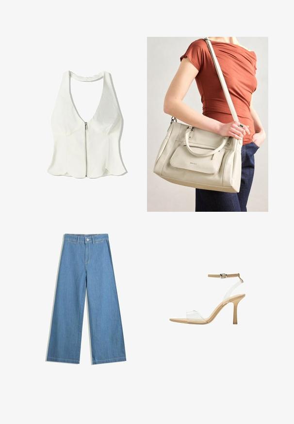 Top bianco con collo a halter e scollatura profonda a V, chiusura frontale con cerniera e orlo ondulato. Realizzato in un tessuto liscio con dettagli di design minimi.; Jeans in denim di un blu chiaro a gamba larga, con chiusura a bottone, passanti per la cintura e dettagli di cucitura discreti.; Sandal con tacco trasparente e parte superiore trasparente, plantare beige e una sottile cinghia alla caviglia. Presenta una punta appuntita e un tacco alto e sottile.; Borsa a tracolla bianca in pelle con doppi manici e tracolla staccabile, dotata di una tasca con zip frontale e texture liscia. Portata al braccio di una persona.