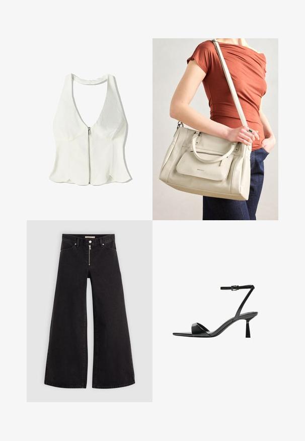 Top alb cu bretele înguste, cu decolteu adânc în V, inchidere cu fermoar în față și margine zimțată. Fabricat dintr-un material neted cu detalii de design minime.; Jeans cu picioare largi din denim negru, cu fermoar în față, design cu cinci buzunare și detalii subtile de cusătură. Textură netedă și stil casual.; Bershka Sandale cu toc - black; Geantă din piele albă cu mânere duble și o curea detasabilă, având o buzunare frontal cu fermoar și o textură netedă. Purtați-o pe brațul unei persoane.