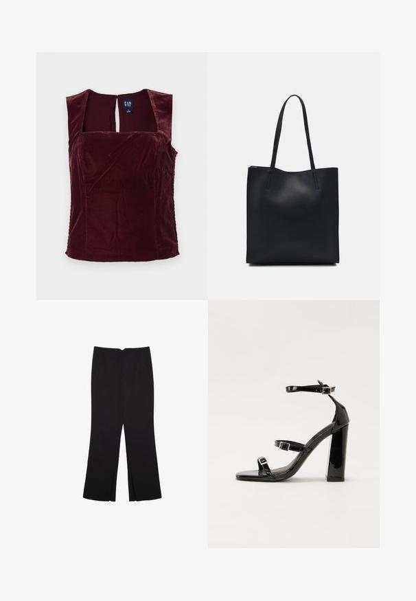 Burgundska žametna brezrokavnica s kvadratnim izrezom in ključavnico na hrbtni strani; gladka tekstura in prilegajoča zasnova.; Črne hlače ravnega kroja z naglavnimi žepi in stranskimi razporki na robu. Narejene iz mehke, gladke tkanine. Primerne za različne priložnosti.; Črne lakirane sandale s peto, kvadratnim prstom, trakovi okrog gležnja in srebrnimi zaponkami. Opremljene so s stabilno Debelo peto.; Črna usnjena torba s svilnato teksturo, pravokotne oblike in dvema dolgima ročajema. Brez vidnih metalnih delov ali okrasnih elementov.