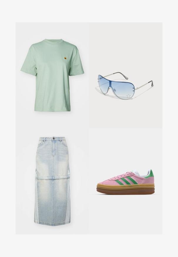 Mintgrønn bomulls t-skjorte med rund hals, korte ermer og en liten brodert logo på brystet. Myk tekstur og avslappet passform.; Denim midi-skjørt i lyseblå, med side-striper, en tettsittende midje og frontlommer. Slitt tekstur gir detaljer.; Rosa semskede sneakers med grønne striper, hvite detaljer og en brun gummisåle. Har teksturert stoff og logodetaljer på siden.; Pilotbriller med gradient blå linse, sølvfarget metallramme og dekorative stjerneaksenter på linsen. Glatt og stilren design.