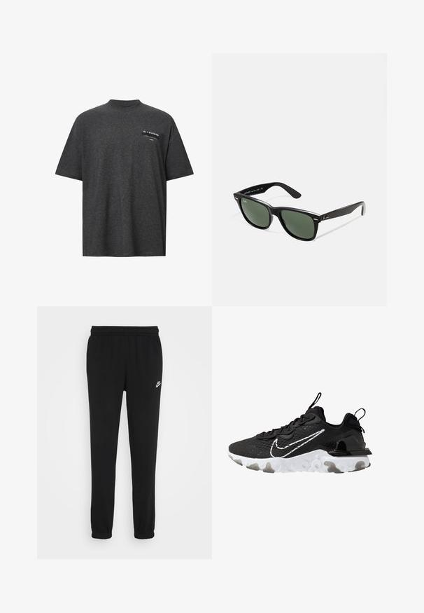 Mørk grå oversized t-shirt lavet af blødt stof, med rund halsudskæring og et tryk på brystet med hvid tekst og logo.; Sorte sweatpants med elastisk talje, ribbede ankler og et lille hvidt Nike-logo på venstre side. Fremstillet af blødt strukturstof.; Sort atletik sko med en struktureret stofoverdel, hvid Nike swoosh og tyk hvid sål. Har en pull tab på hælen for nem påføring.; Sorte plastiksolkaber med grønne linser, firkantede stel, sølvaccent på brynene og teksturerede templede arme. Angivet mærke på den indre arm.