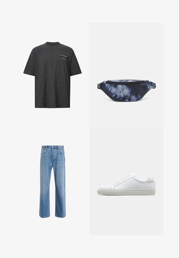 Tmavě šedé oversized tričko vyrobené z měkkého materiálu, s kulatým výstřihem a potiskem na přední části hrudníku s bílým textem a logem.; Světle modré džínové kalhoty s rovnými nohavicemi, pěti kapsami, zapínáním na knoflík, minimálním vyblednutím a kontrastním prošitím.; Bílé tenisky s hladkým koženým svrškem a nízkým profilem. Mají zaoblenou špičku, šest nýtů a texturovanou gumovou podrážku.; Bum bag v tmavě modrém tie-dye potisku s zipem na vrchu, texturovaným materiálem a výrazným logem na přední straně.