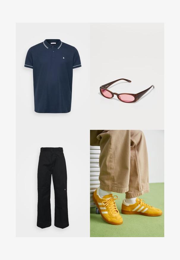 Tmavomodrá polo košeľa vyrobená z textúrovanej látky, s klasickým golierom, tromi gombíkmi a bielym lemovaním na rukávoch a golieri. Malé logo na hrudi.; Čierne široké nohavice s hladkou textúrou, s bežným pásom a malou vyšitou nášivkou blízko pravej nohy.; Žlté semišové tenisky s bielymi pruhmi, majú gumovú podrážku, textilné šnúrky a polstrovaný golier, skombinované s béžovými bavlnenými nohavicami.; Hnedé slnečné okuliare s hladkým, predĺženým oválnym tvarom. Rámy sú vyrobené z lesklého plastu; šošovky sú ružové s jemným zakrivením.