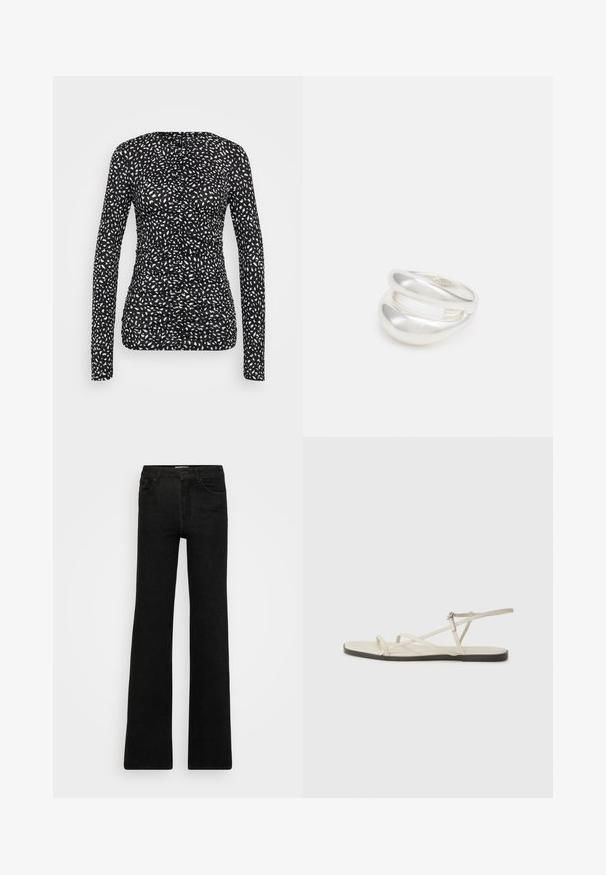 Mustaga pikkade varrukatega pluus mustas värvitoonis, millel on valged ebaühtlased täpid. Omab kurnatud disaini tekstuuriga kangast, kitsast siluetti ja ümarat kaelust.; Mustad flared teksad, valmistatud denimist. Kujunduses on kaks esikülje taskut ja tõmblukk, ühtlane ja sile tekstuur ning puhtad jooned.; Bežid lame sandaal, millel on mitu peenikest rihma ja reguleeritav pandla. Tallal on lame pind, mille ääres on kerge tumedam kontrast.; Hõbedane kahekordne rõngas sujuva, poleeritud pinnaga. Omab voolavat, kõverat disaini, millel on kattuvad sektsioonid, et saavutada kaasaegne ilme.