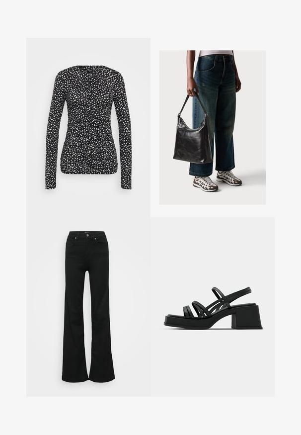Čierny top s dlhými rukávmi a bielou nepravidelnou bodkovanou vzorom. Obsahuje nariasený dizajn s textúrovanou tkaninou, priliehavý strih a okrúhly výstrih.; Čierne rozšírené džínsy vyrobené z denimu, s vysokým pásom, piatimi vreckami a kovovým zapínaním. Hladká textúra s minimálnym zdobením.; Čierne sandále na vysokom podpätku s viacerými tenkými popruhmi a širokým blokovým podpätkom. Elegantný dizajn s matným povrchom. Chodidlová časť má mierny ohyb.; Čierna kožená taška cez rameno s hladkou textúrou a nastaviteľným popruhom, skombinovaná s vyblednutými širokými džínsy a športovými teniskami.
