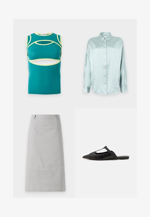 Mėlynosios žalios spalvos be rankovių palaidinė su išpjovimais, geltonais akcentais palei kraštus ir apvalia iškirpte. Pagaminta iš lygaus, elastingo audinio.; Šviesiai mėlyna marškinėlių striukė, pagaminta iš blizgaus, minkšto audinio; turi apykaklę, ilgomis rankovėmis ir suapvalintais kraštais, atrodo laisvai.; Pilka pieštuko sijonas su lygiu paviršiumi, priderinta forma ir plokščiu juosmeniu, turintis šoninius siūlus ir be matomų raštų ar akcentų.; Juodos odinės slingback bateliai su smailiu pirštu, turintys audinį akcentą ir raukšlėtą viršutinį dizainą. Lygus padas su minimaliais aksesuarais.